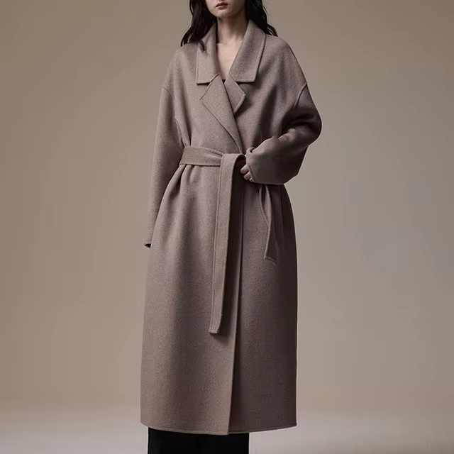 Double Faced Cashmere Coat Custom Long Genuine Wool Coats With Belt