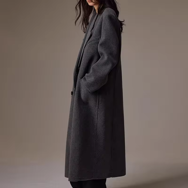 Warm Thick Turn Down Collar Woolen Coat Custom Long Double Faced — detail 1