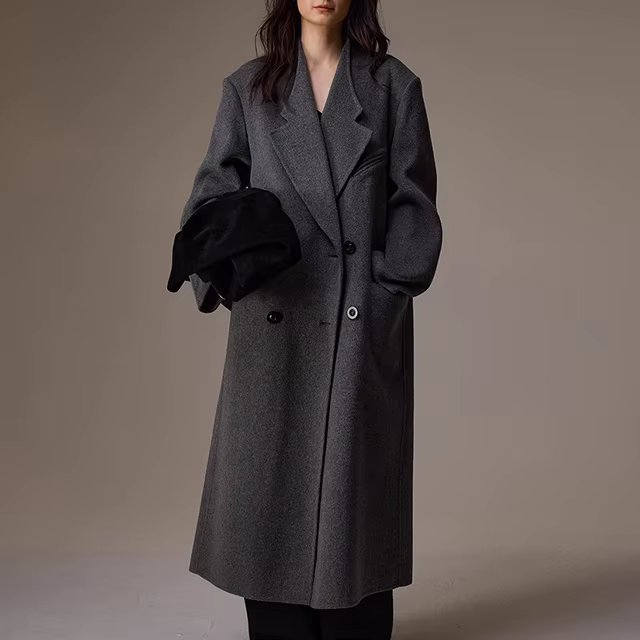 Warm Thick Turn Down Collar Woolen Coat Custom Long Double Faced