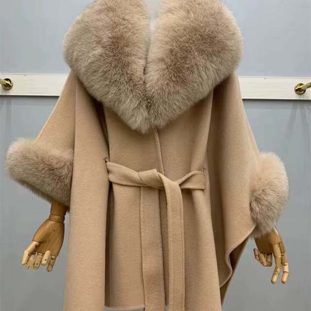 Luxury Long Coat Real Fox Fur Shawl With Elegant Belt Three-quarter