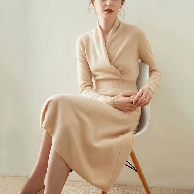 Long Sleeve Knit Dress French Style Custom Fall Elegant Casual Long