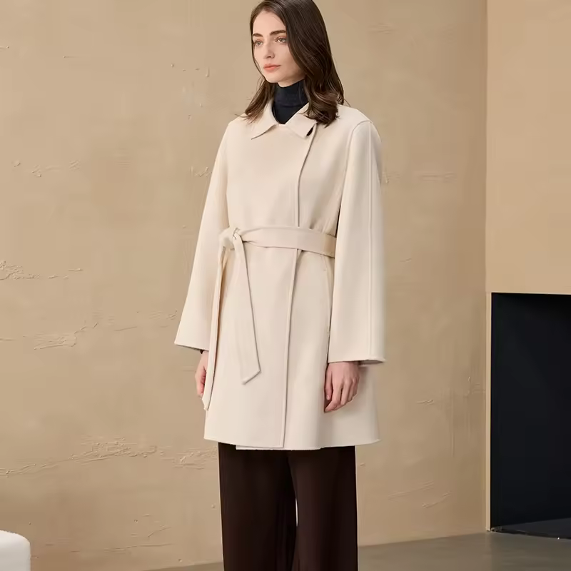 Luxury Woolen Coat Custom Mid Length 100% Goat Cashmere Coat With Belt — detail 1