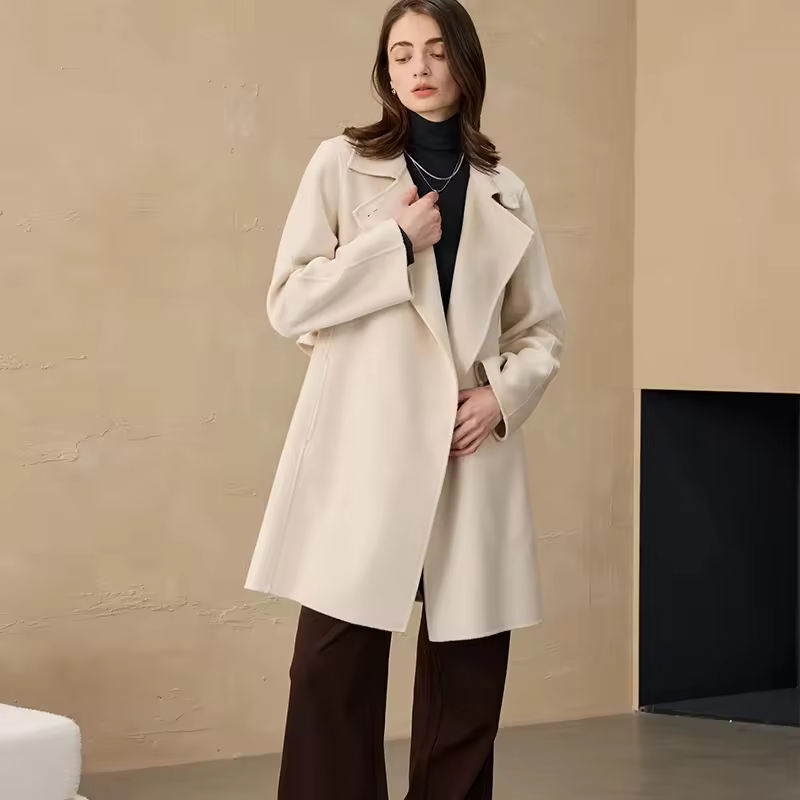 Luxury Woolen Coat Custom Mid Length 100% Goat Cashmere Coat With Belt — detail 4