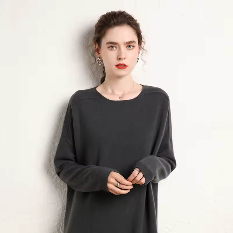 Cashmere Sweater Loose Large Size Lazy Mid-length Crewneck Autumn — detail 3